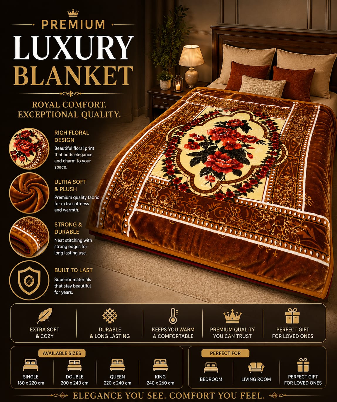 Premium Luxury Velvet Blanket – Brown Floral Design