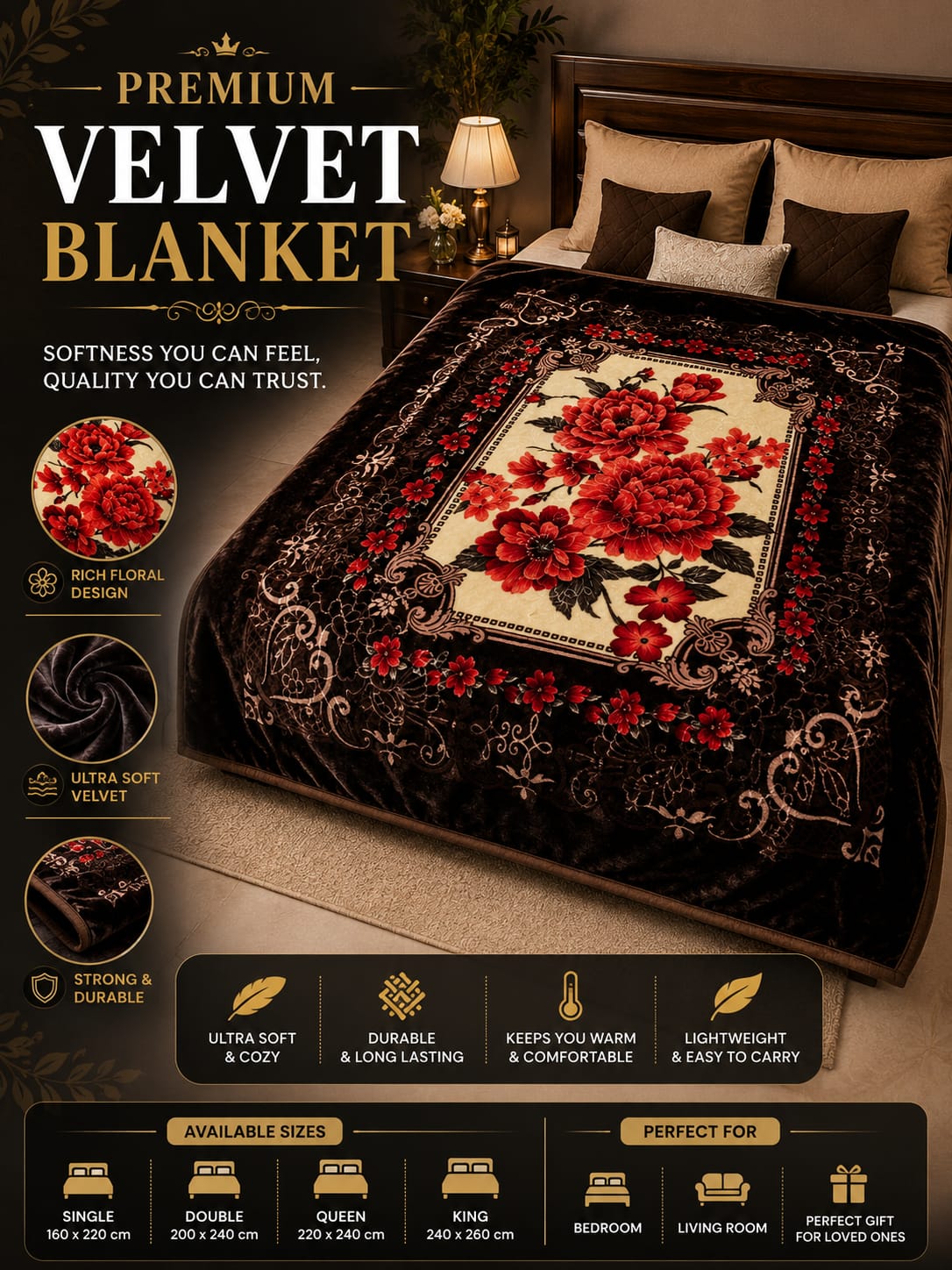 Premium Velvet Blanket – Black & Red Floral Design