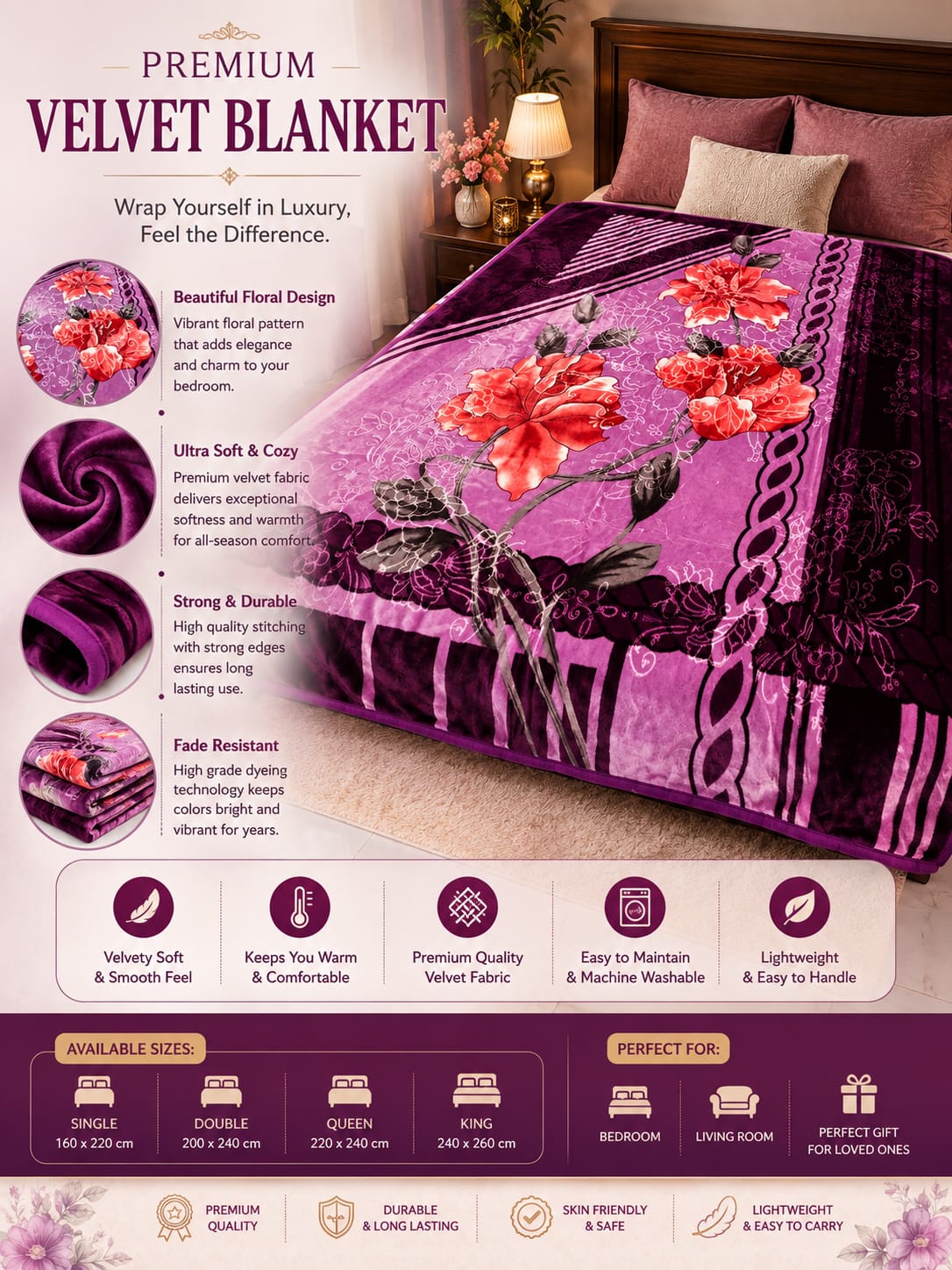 Premium Velvet Blanket – Purple Floral Design