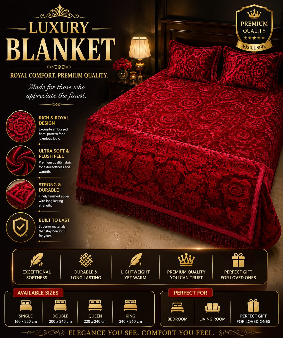 Luxury Premium Velvet Blanket – Royal Red Floral Design
