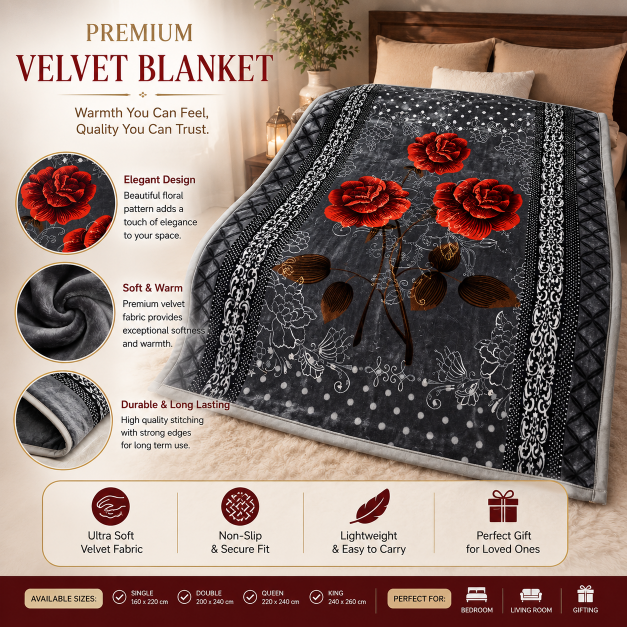 Premium Velvet Blanket – Black & Grey Floral Design
