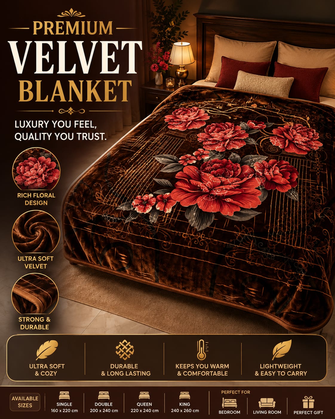 Premium Velvet Blanket – Rich Floral Design