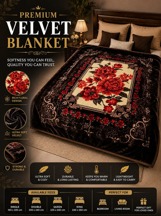 Premium Velvet Blanket – Black & Red Floral Design