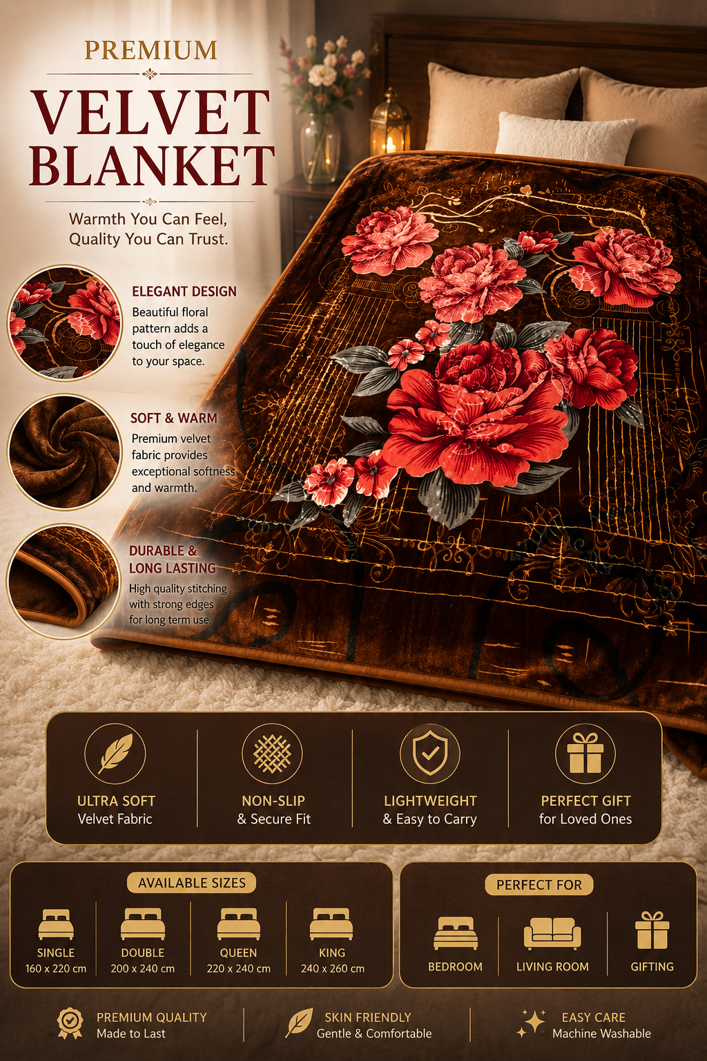 Premium Velvet Blanket – Brown Floral Luxury Design