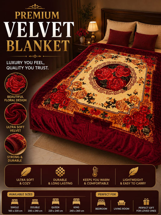 Premium Velvet Blanket – Burgundy floral